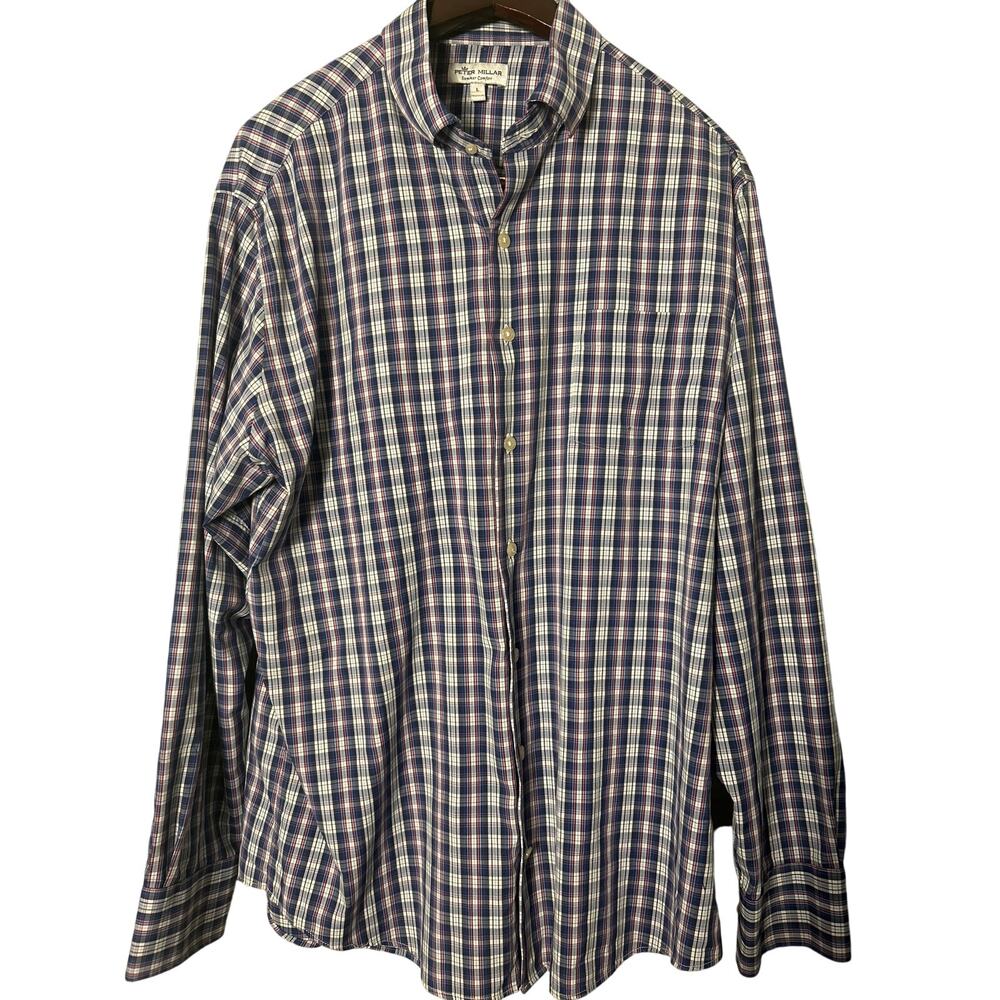 Peter Millar Shirt Men Large Summer Comfort Plaid Small Pin Hole By Pocket